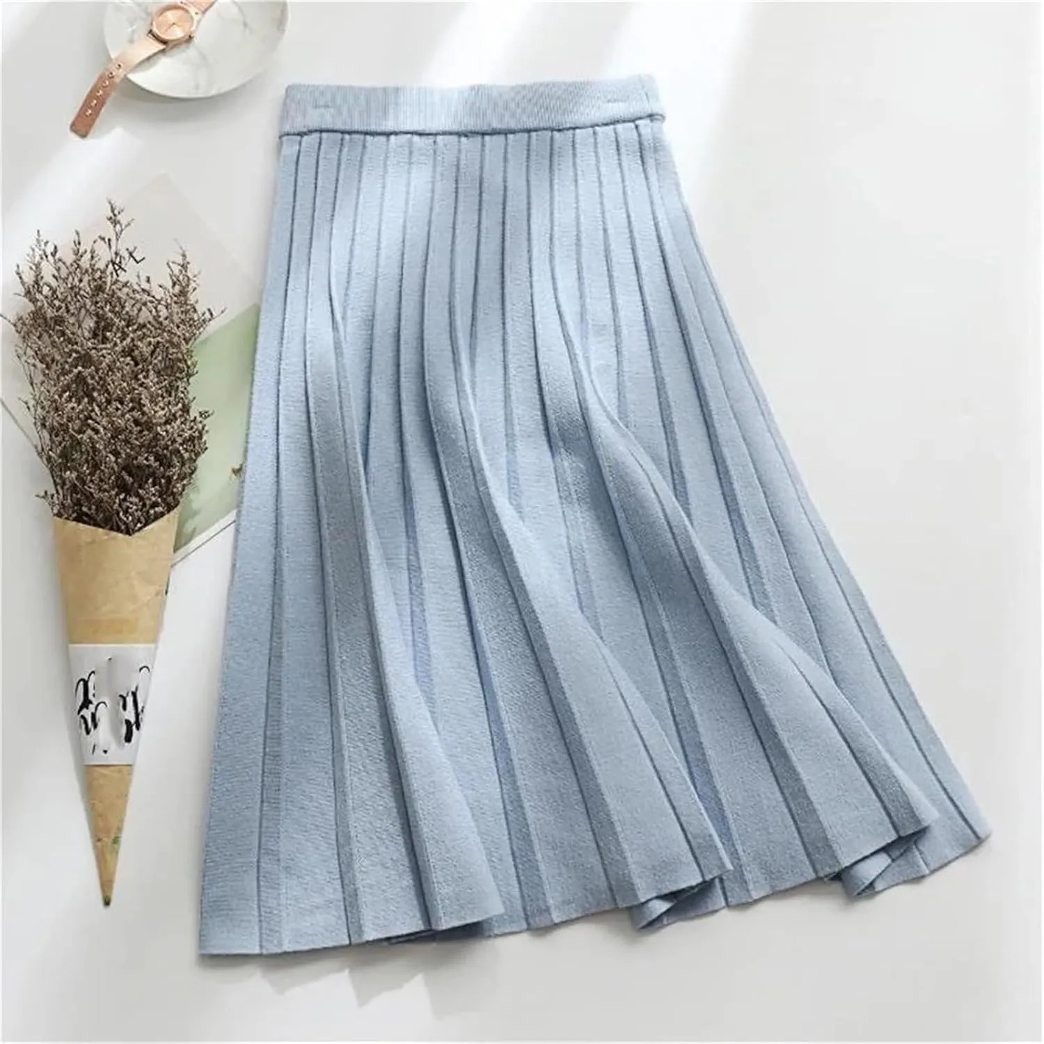 Women's Solid Color Knitted Pleated Skirt A-Line Elastic High Waist Street Casual Skirt