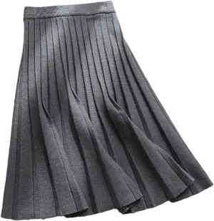 Women's Solid Color Knitted Pleated Skirt A-Line Elastic High Waist Street Casual Skirt