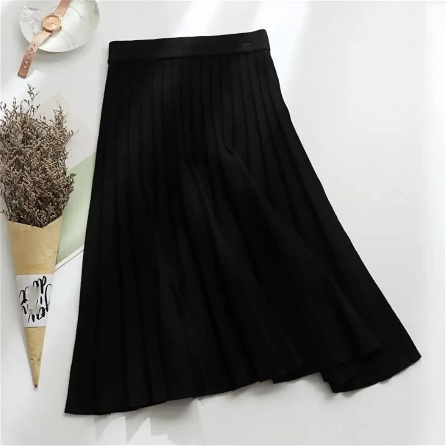 Women's Solid Color Knitted Pleated Skirt A-Line Elastic High Waist Street Casual Skirt