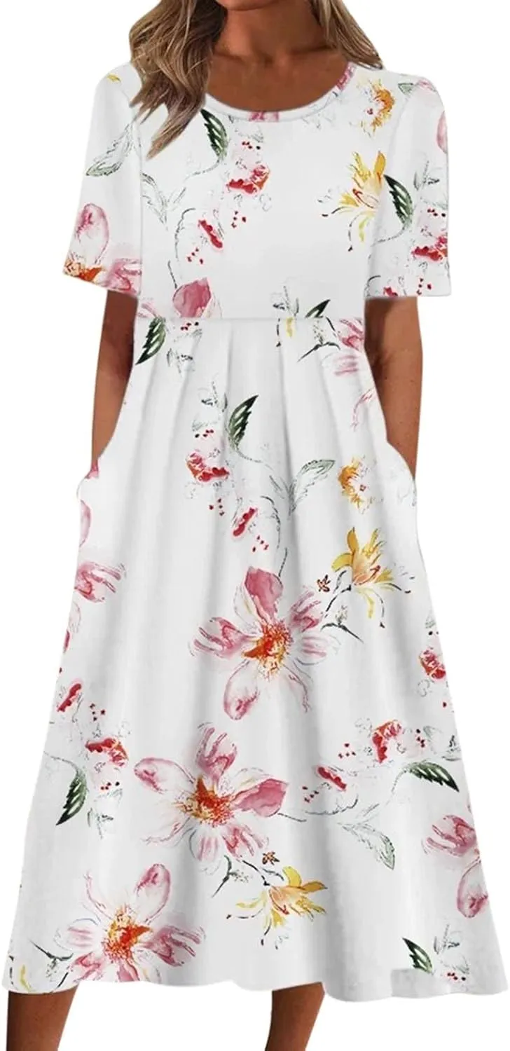 Womens Summer Dress Casual Floral Print Midi Dress Button V Neck Short Sleeve Dresses Flowy Boho Beach Party Sundress