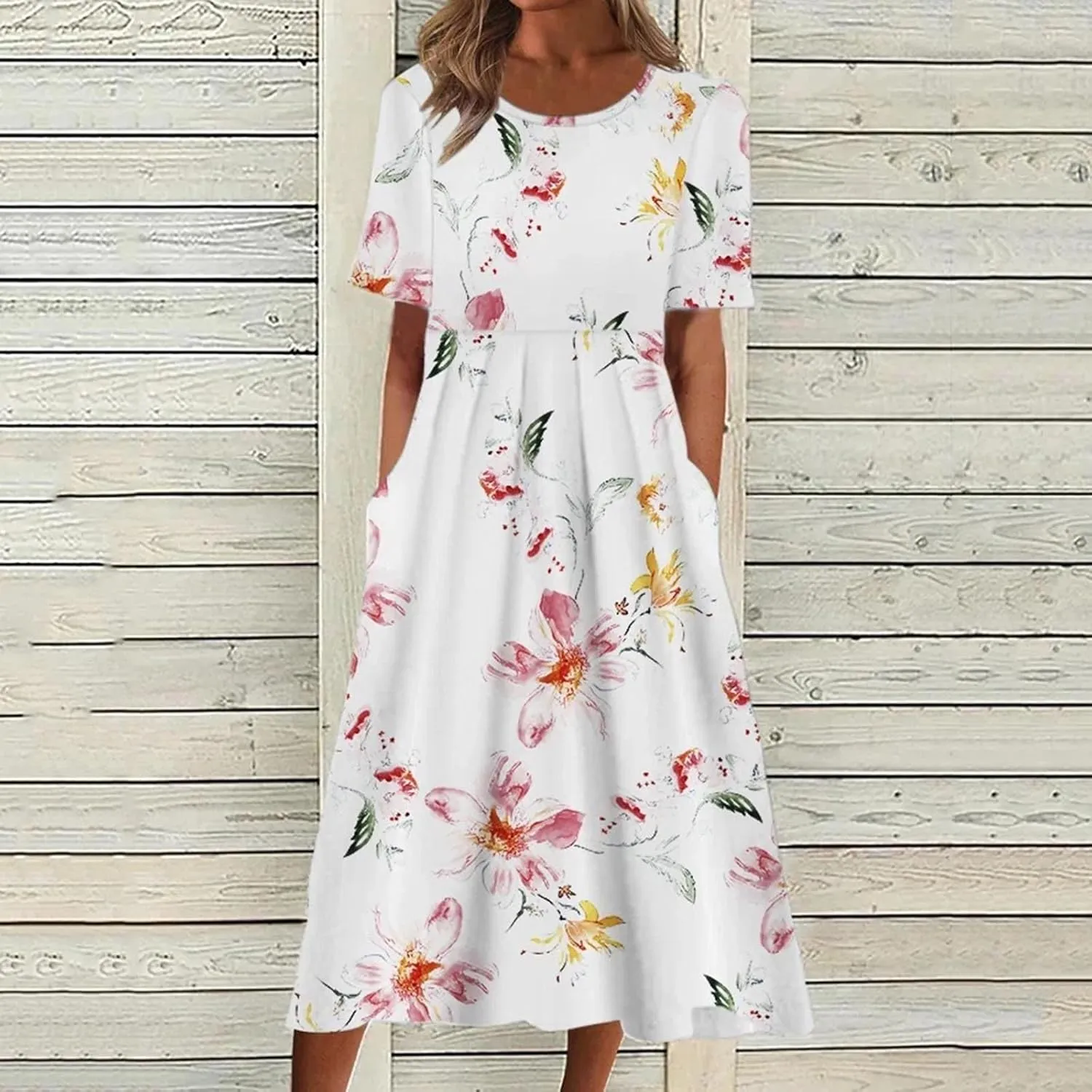 Womens Summer Dress Casual Floral Print Midi Dress Button V Neck Short Sleeve Dresses Flowy Boho Beach Party Sundress