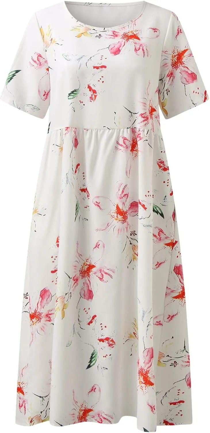 Womens Summer Dress Casual Floral Print Midi Dress Button V Neck Short Sleeve Dresses Flowy Boho Beach Party Sundress