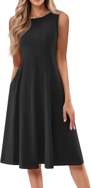 Womens Summer Dresses 2025 Sleeveless Maxi Dress Crewneck Casual Flowy Beach Sundresses with Pockets Vacation Travel