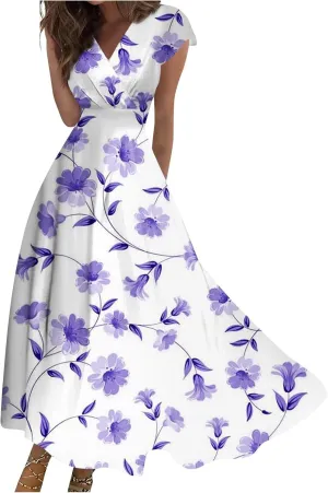 Womens Summer Dresses Maxi Dress Short Sleeve Womens Dresses with Sleeves Summer Flowy Cute