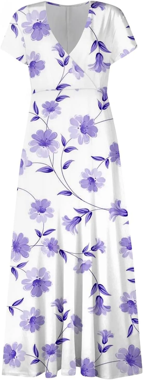 Womens Summer Dresses Maxi Dress Short Sleeve Womens Dresses with Sleeves Summer Flowy Cute