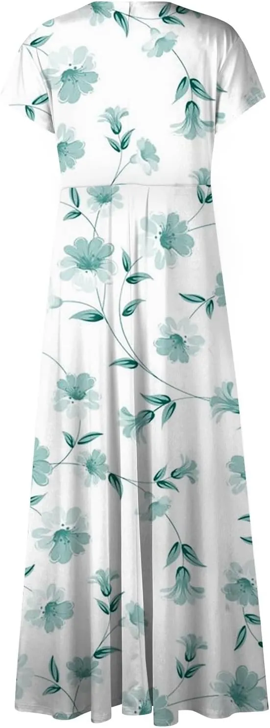 Womens Summer Dresses Maxi Dress Short Sleeve Womens Dresses with Sleeves Summer Flowy Cute
