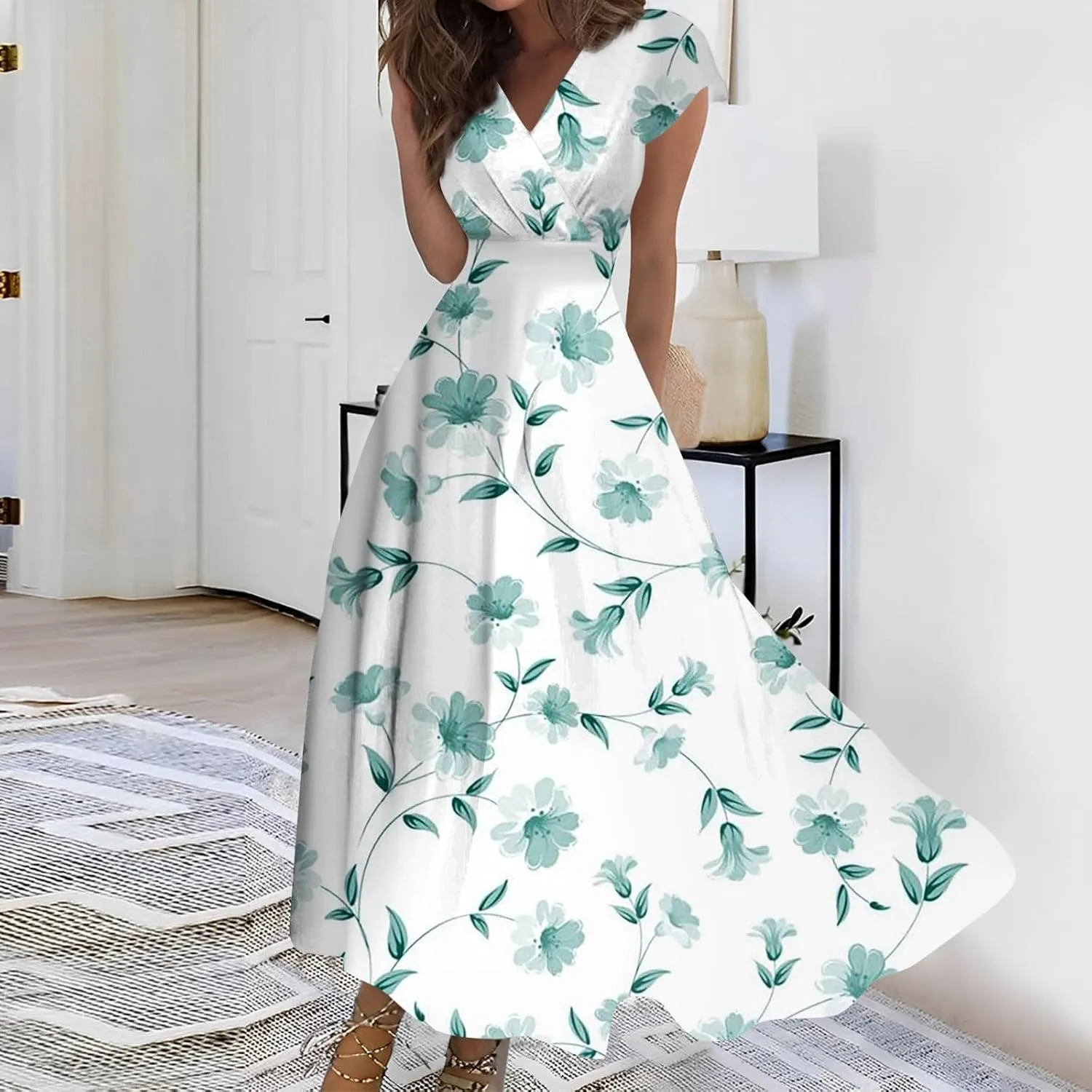 Womens Summer Dresses Maxi Dress Short Sleeve Womens Dresses with Sleeves Summer Flowy Cute