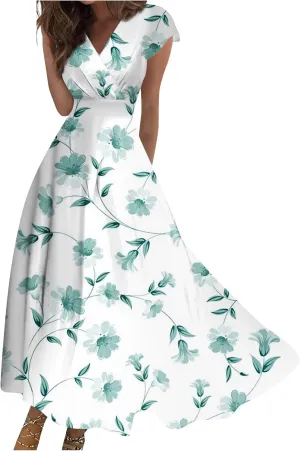 Womens Summer Dresses Maxi Dress Short Sleeve Womens Dresses with Sleeves Summer Flowy Cute