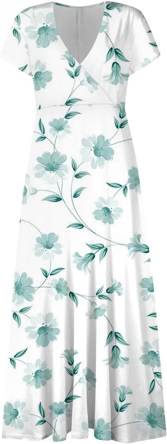Womens Summer Dresses Maxi Dress Short Sleeve Womens Dresses with Sleeves Summer Flowy Cute