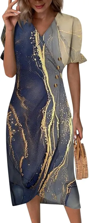 Womens Summer Dresses Midi Dresses for Women Puff Sleeve Loose Flowy Dresses Women Plus Size Summer Cute