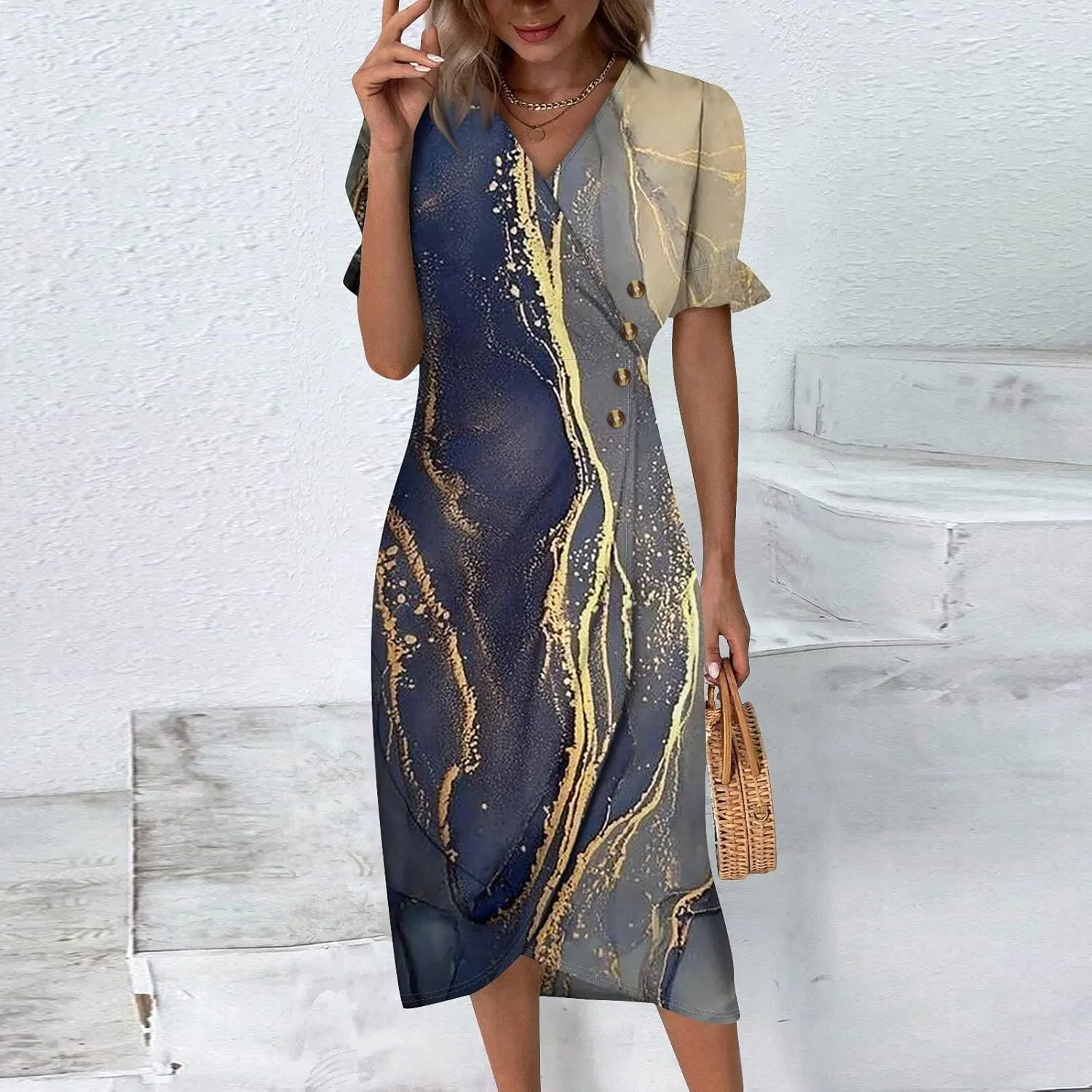 Womens Summer Dresses Midi Dresses for Women Puff Sleeve Loose Flowy Dresses Women Plus Size Summer Cute