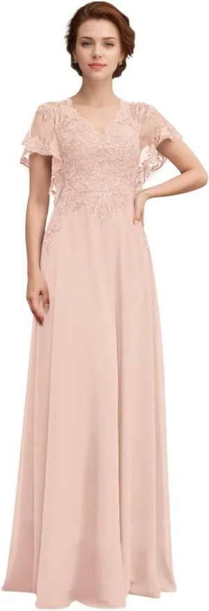 Women's V-Neck Lace Appliques Mother of The Bride Dresses A-Line Chiffon Formal Gowns and Evening Party Dresses