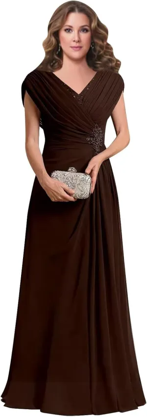 Women's V Neck Mother of The Bride Dresses Long for Wedding Pleated Beaded Lace Applique Formal Evening Gown