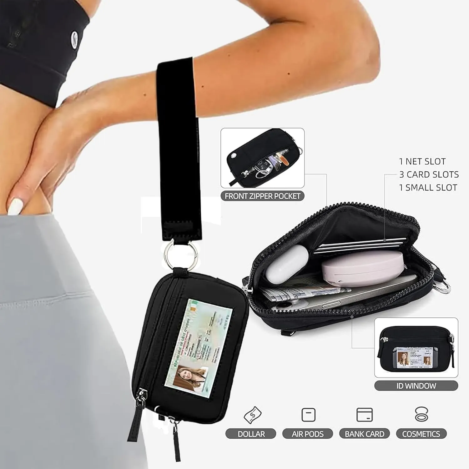 Women's Wristlet Handbags,Waterproof Nylon Quilted Keychain Wallet Clutches,Portable Zip Card Case with ID Window