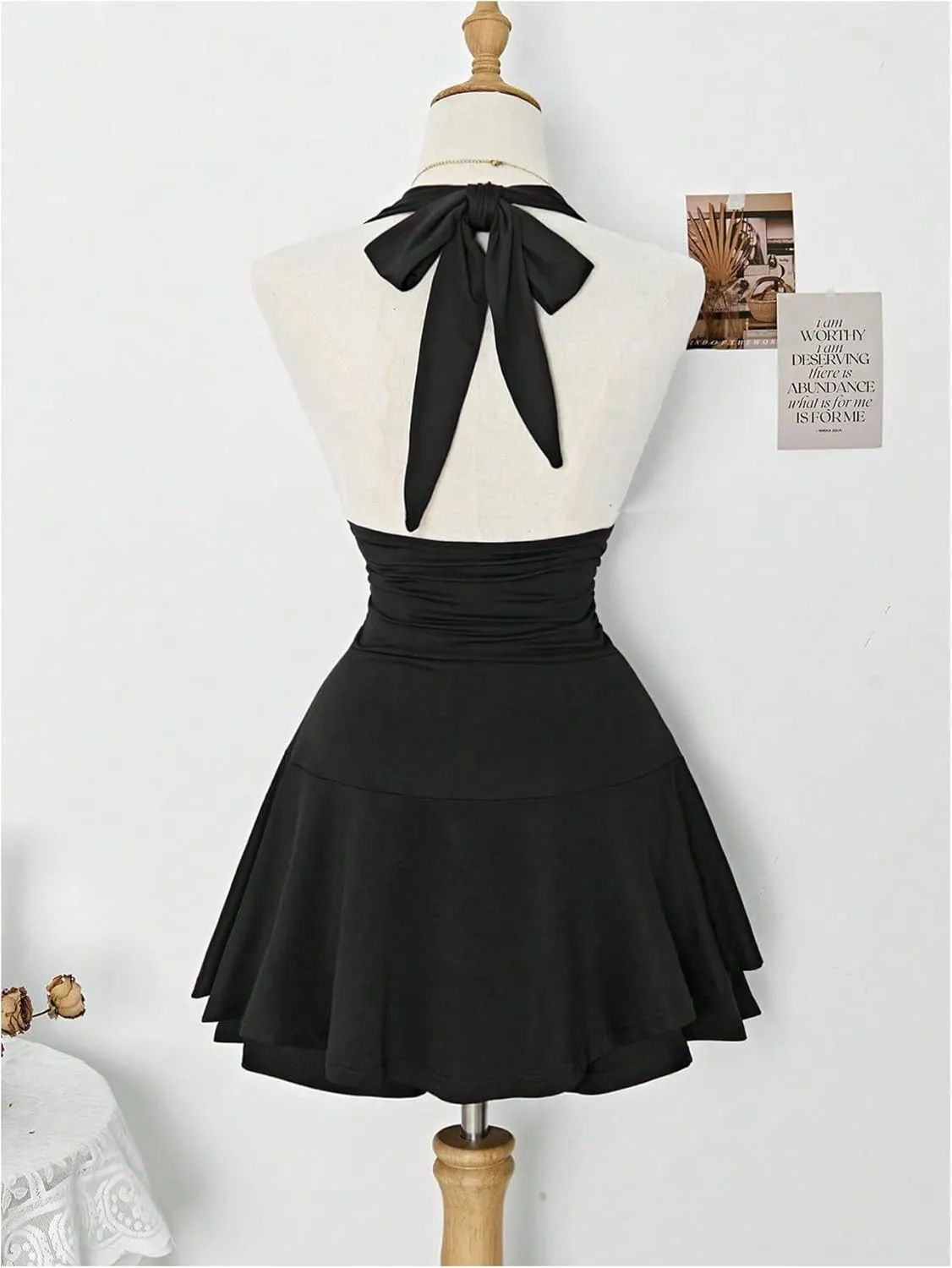 Women's Y2k Ruched Deep V Halter Mini Dress Tie Backless Halter A Line Short Dresses