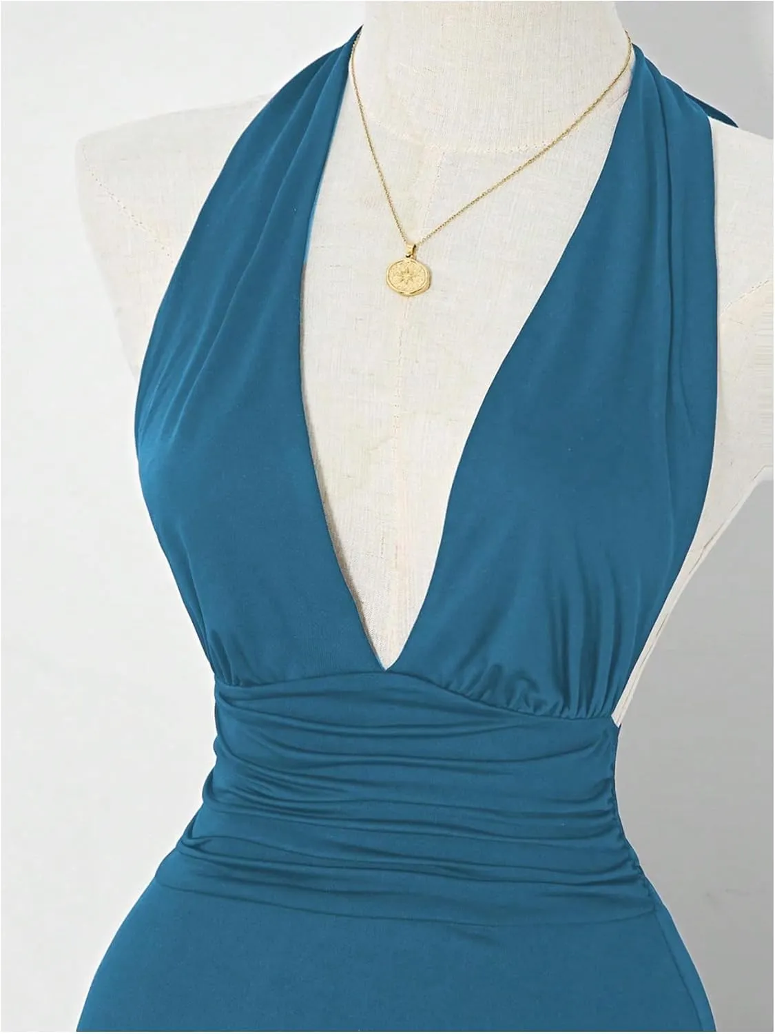 Women's Y2k Ruched Deep V Halter Mini Dress Tie Backless Halter A Line Short Dresses