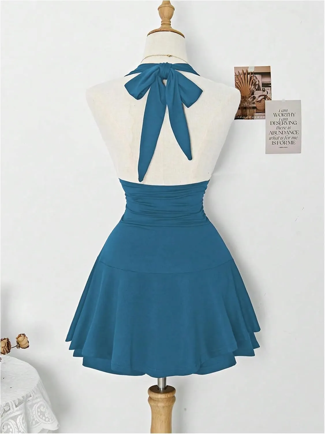 Women's Y2k Ruched Deep V Halter Mini Dress Tie Backless Halter A Line Short Dresses