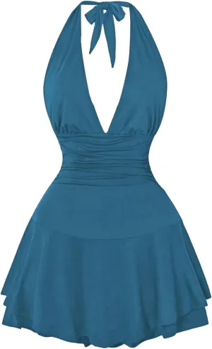 Women's Y2k Ruched Deep V Halter Mini Dress Tie Backless Halter A Line Short Dresses