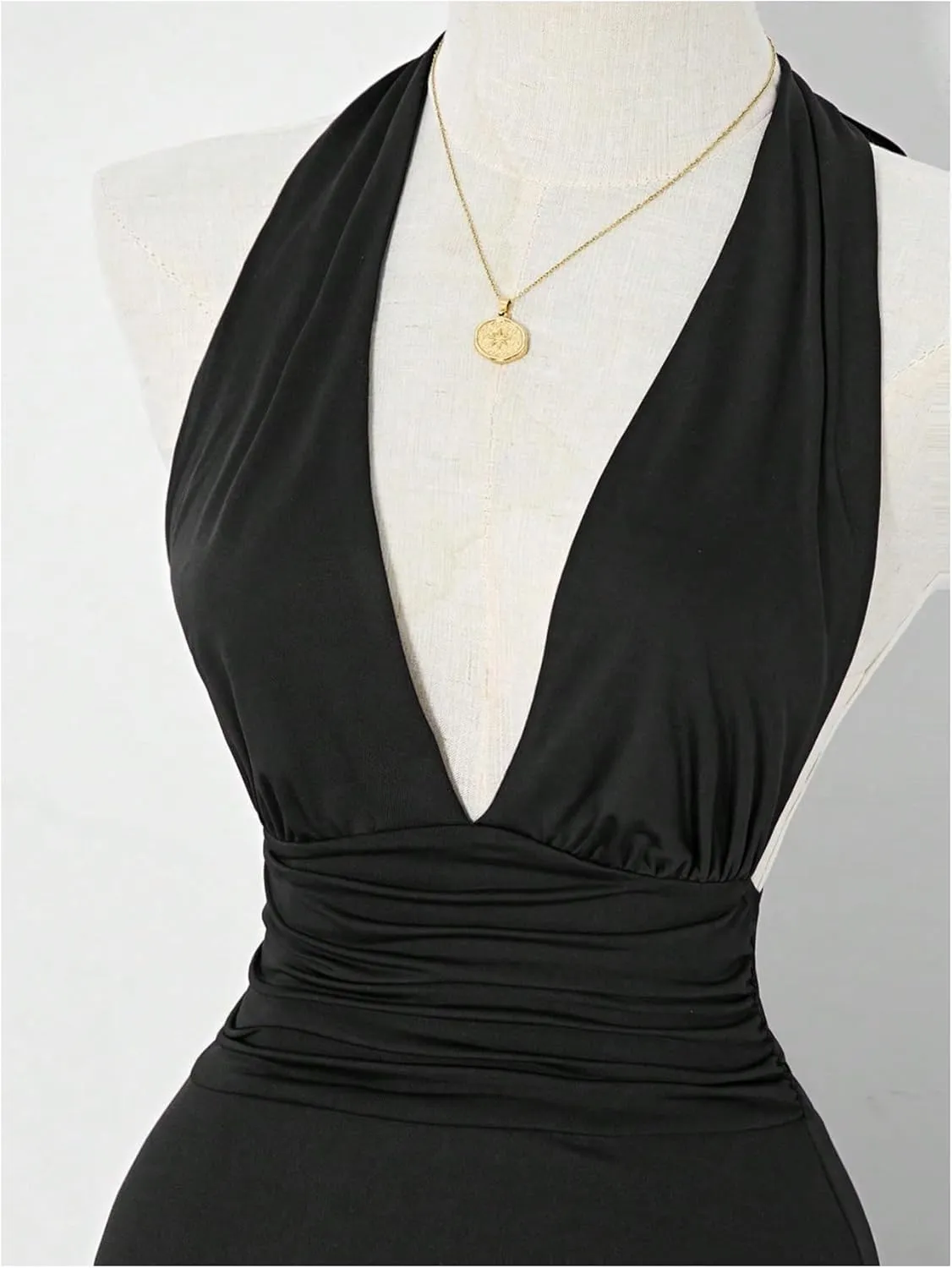 Women's Y2k Ruched Deep V Halter Mini Dress Tie Backless Halter A Line Short Dresses