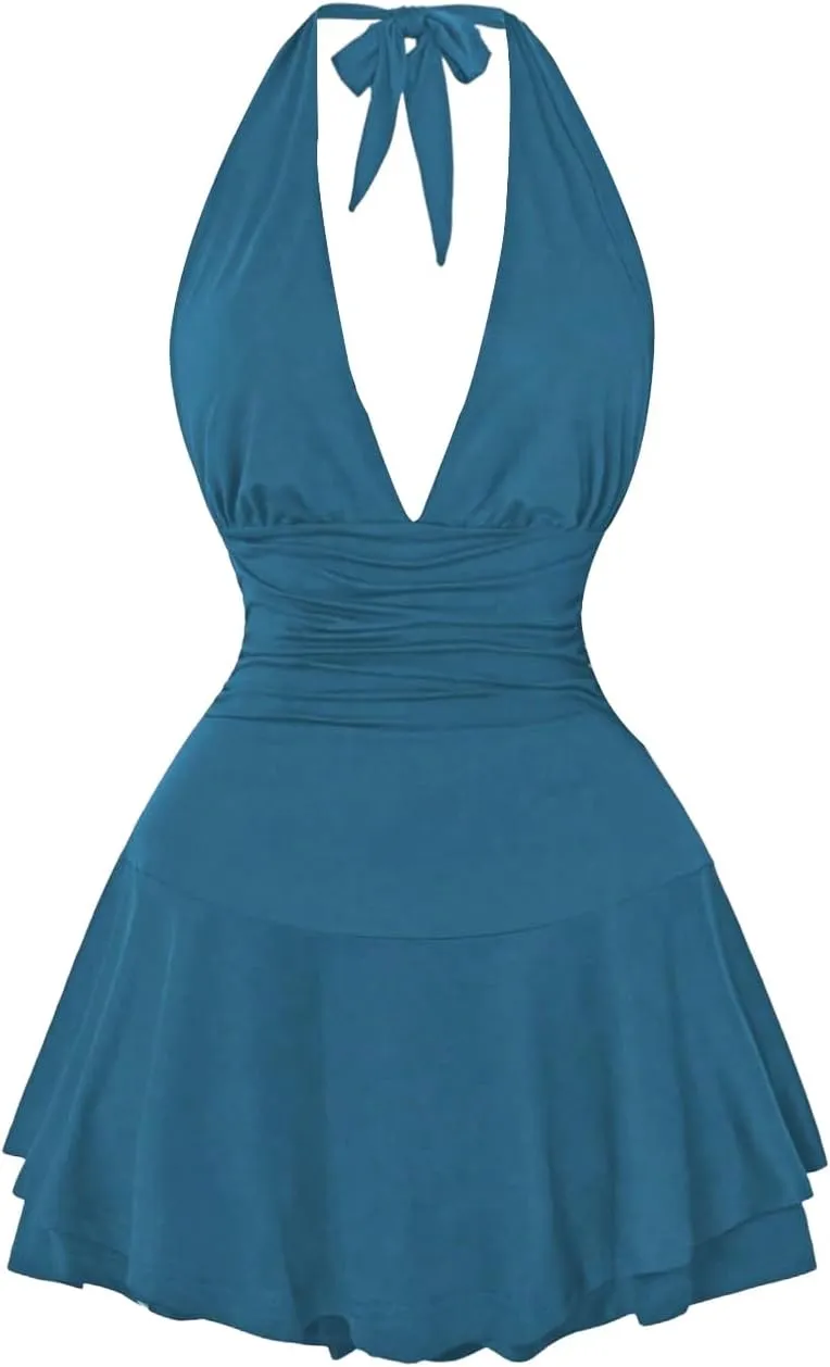 Women's Y2k Ruched Deep V Halter Mini Dress Tie Backless Halter A Line Short Dresses