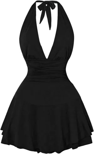 Women's Y2k Ruched Deep V Halter Mini Dress Tie Backless Halter A Line Short Dresses