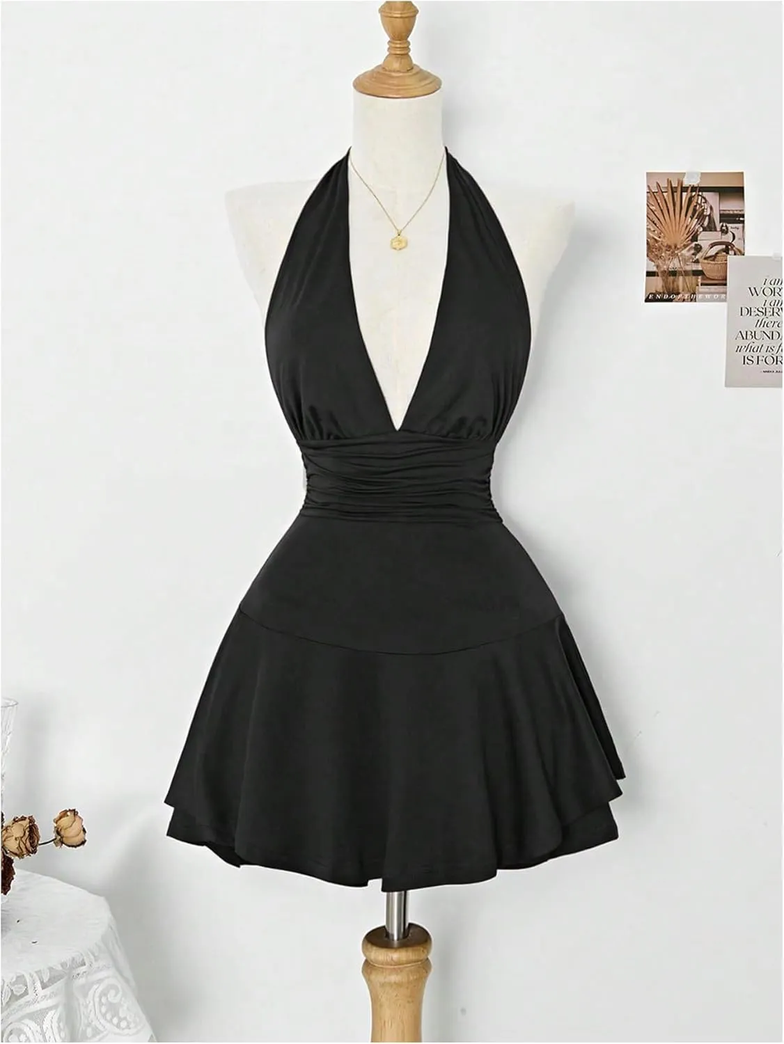Women's Y2k Ruched Deep V Halter Mini Dress Tie Backless Halter A Line Short Dresses