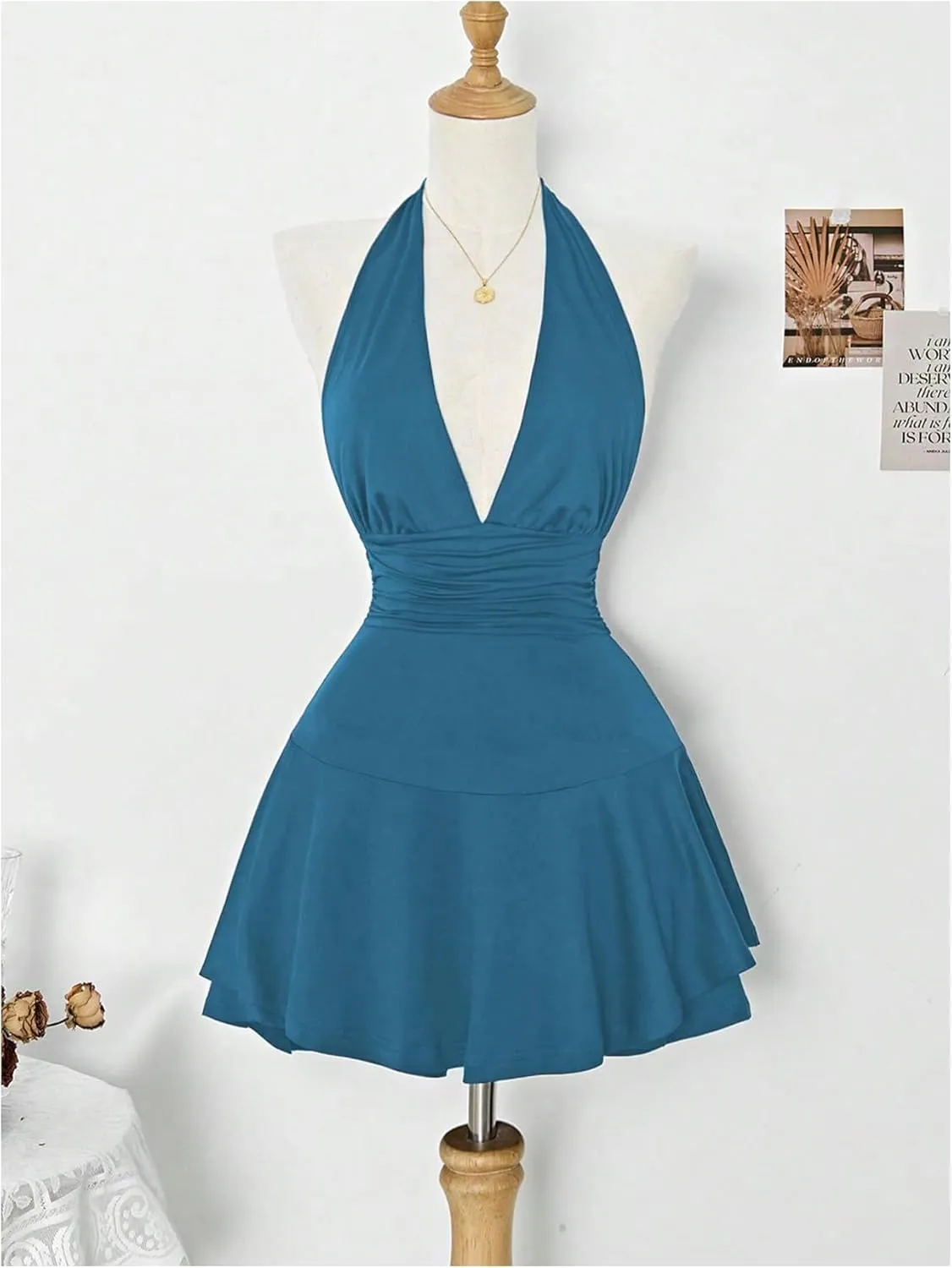 Women's Y2k Ruched Deep V Halter Mini Dress Tie Backless Halter A Line Short Dresses