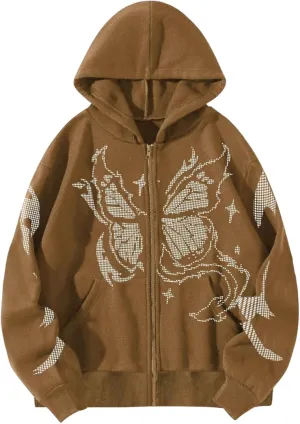 Womens Y2K Sweatshirt Casual Zip Up Oversize Hoodie Butterfly Graphic Jacket 90S E-Girl Hoodie Long Sleeve Streetwear