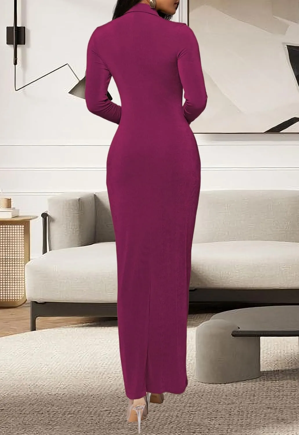 YouSexy Women's Sexy Button Down Ruched Stretchy Maxi Dress Long Sleeve Party Club Long Dresses