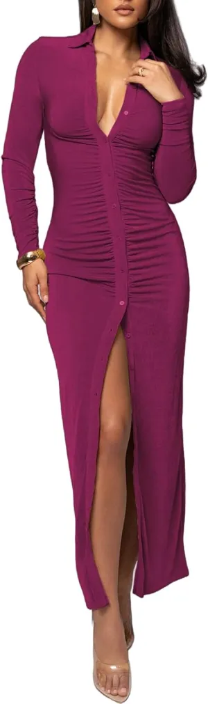 YouSexy Women's Sexy Button Down Ruched Stretchy Maxi Dress Long Sleeve Party Club Long Dresses
