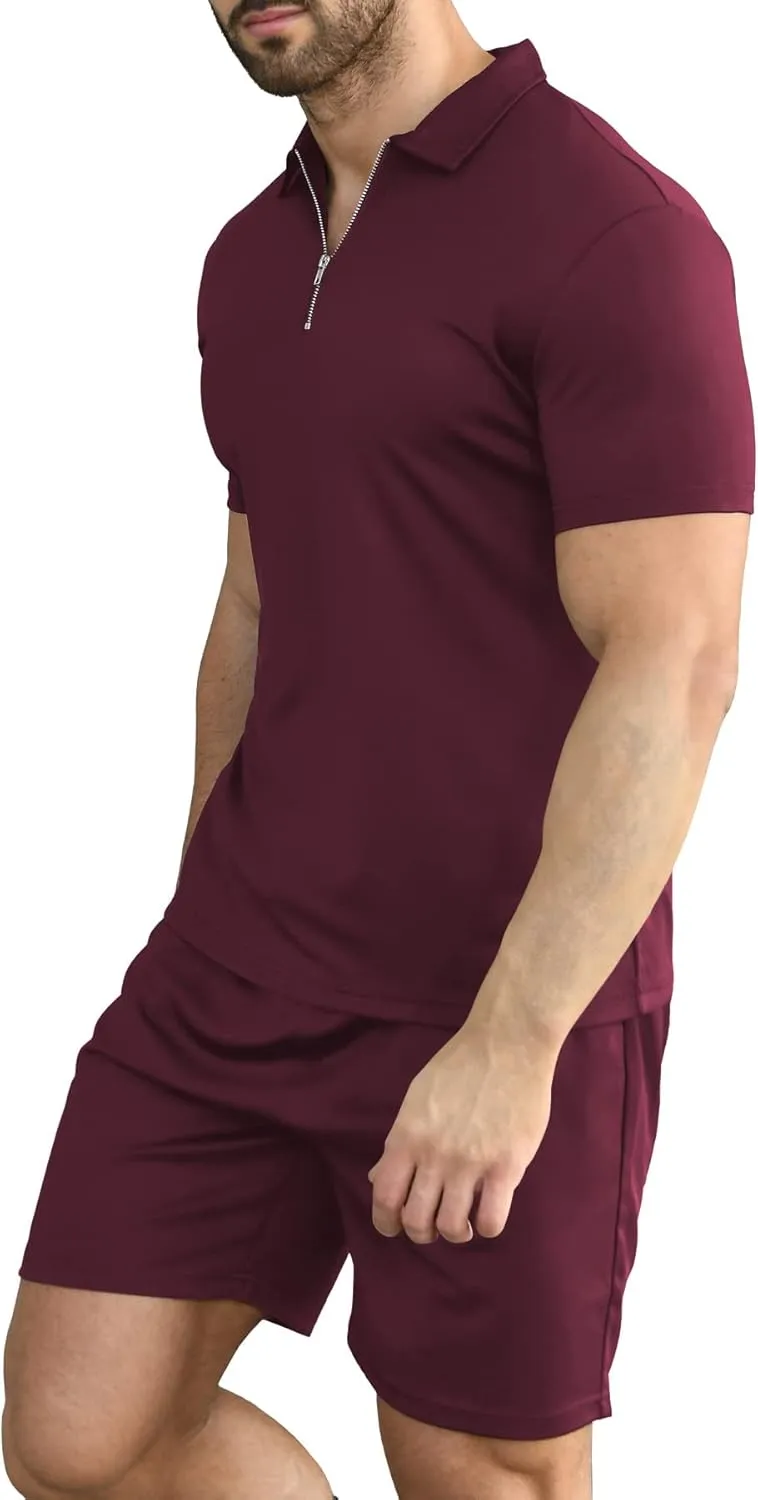 YTD Mens Short Sleeve Casual Polo Shirt and Shorts Sets Two Piece Summer Outfits Zip Polo Tracksuit Set for Men S-XXL