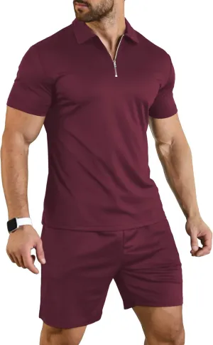 YTD Mens Short Sleeve Casual Polo Shirt and Shorts Sets Two Piece Summer Outfits Zip Polo Tracksuit Set for Men S-XXL