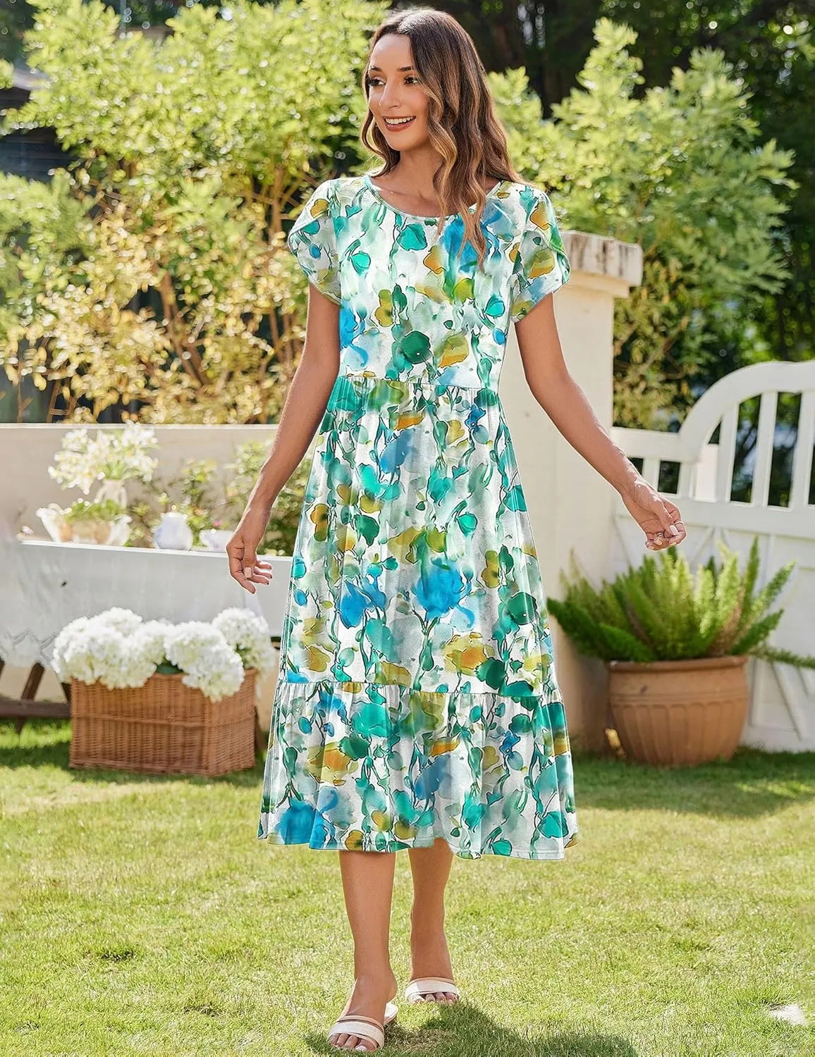 Zeagoo Women Summer Midi A Line Dress Short Sleeve Casual Flowy Tiered Beach Long Sundress with Pockets 2025 Vacation Travel