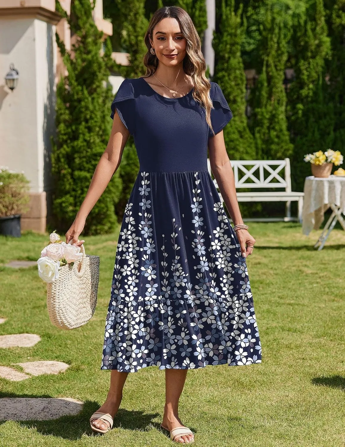 Zeagoo Women Summer Midi A Line Dress Short Sleeve Casual Flowy Tiered Beach Long Sundress with Pockets 2025 Vacation Travel
