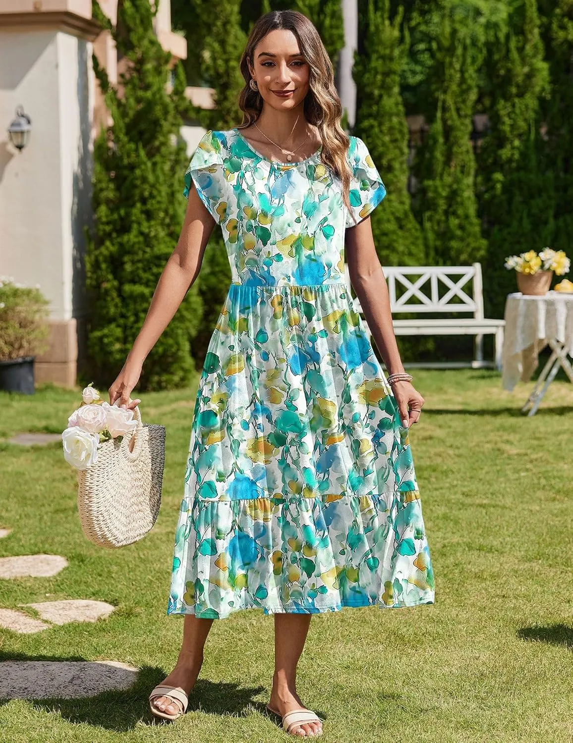 Zeagoo Women Summer Midi A Line Dress Short Sleeve Casual Flowy Tiered Beach Long Sundress with Pockets 2025 Vacation Travel