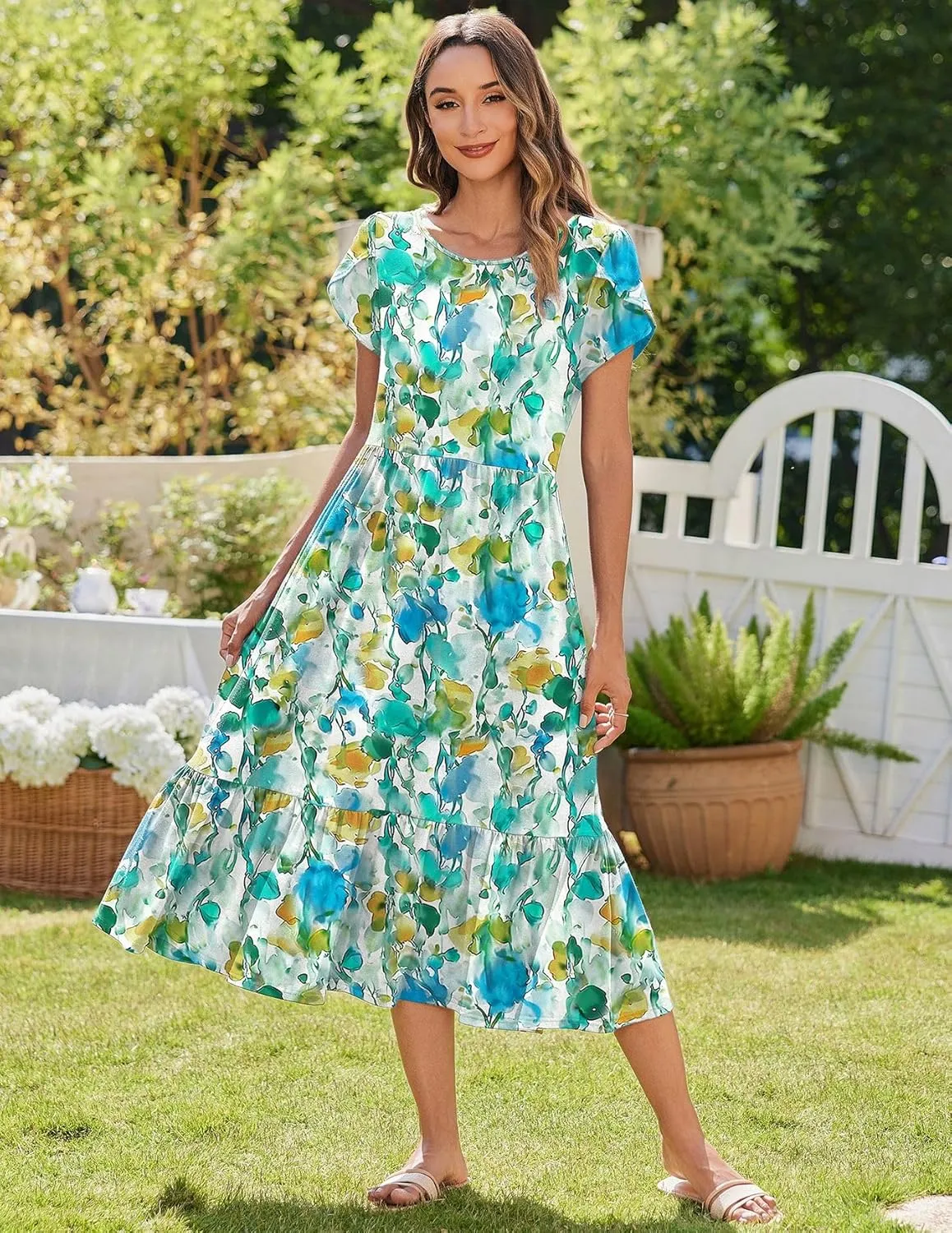 Zeagoo Women Summer Midi A Line Dress Short Sleeve Casual Flowy Tiered Beach Long Sundress with Pockets 2025 Vacation Travel