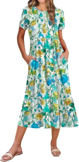 Zeagoo Women Summer Midi A Line Dress Short Sleeve Casual Flowy Tiered Beach Long Sundress with Pockets 2025 Vacation Travel