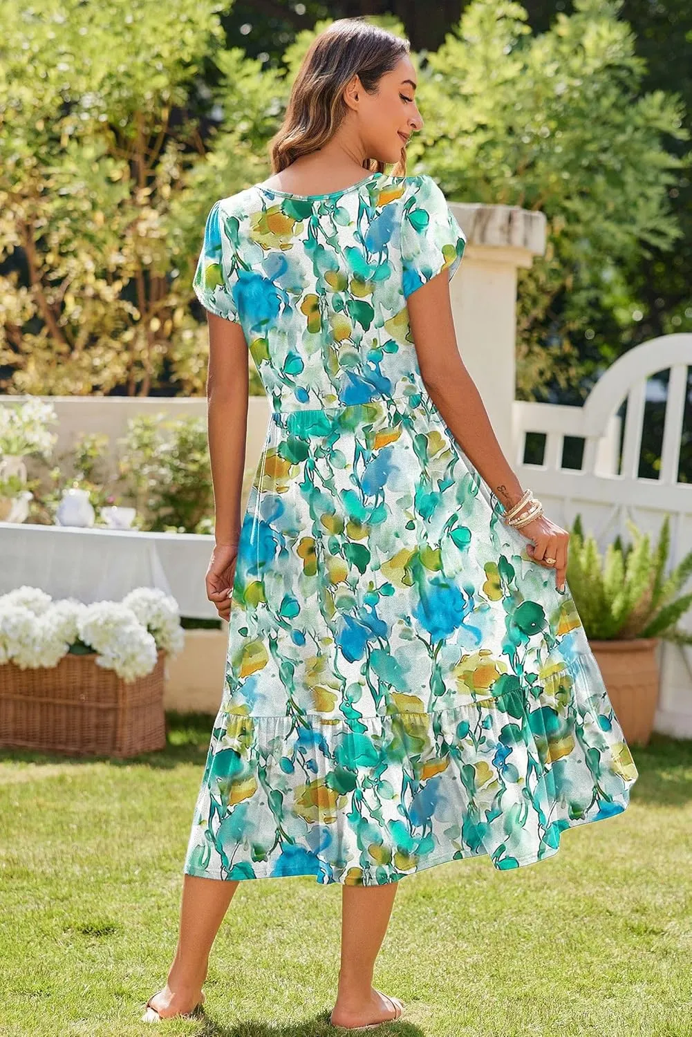 Zeagoo Women Summer Midi A Line Dress Short Sleeve Casual Flowy Tiered Beach Long Sundress with Pockets 2025 Vacation Travel