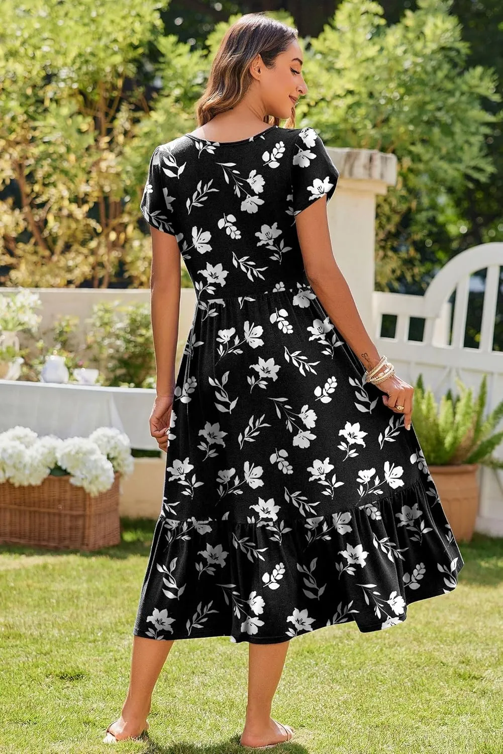 Zeagoo Women Summer Midi A Line Dress Short Sleeve Casual Flowy Tiered Beach Long Sundress with Pockets 2025 Vacation Travel