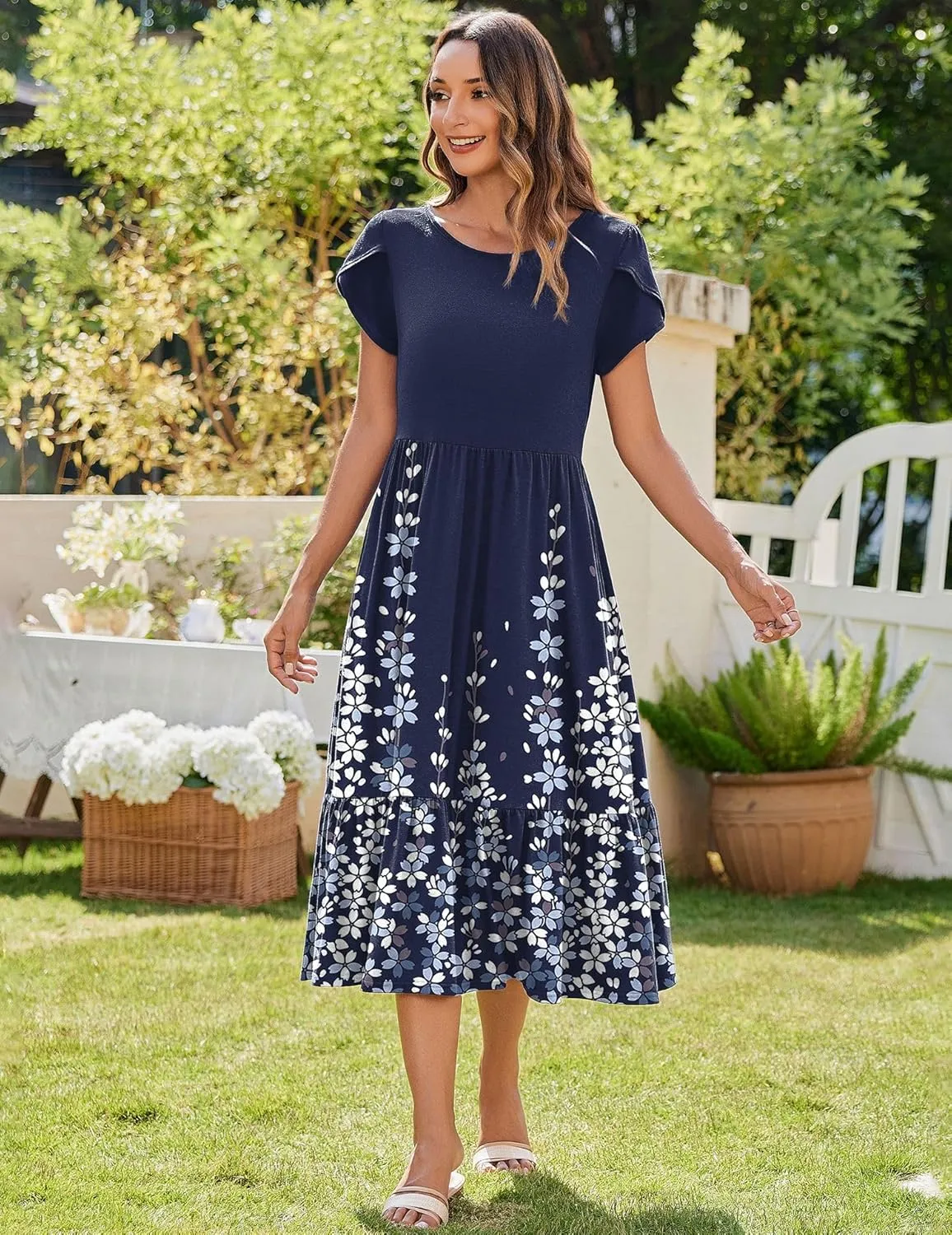 Zeagoo Women Summer Midi A Line Dress Short Sleeve Casual Flowy Tiered Beach Long Sundress with Pockets 2025 Vacation Travel