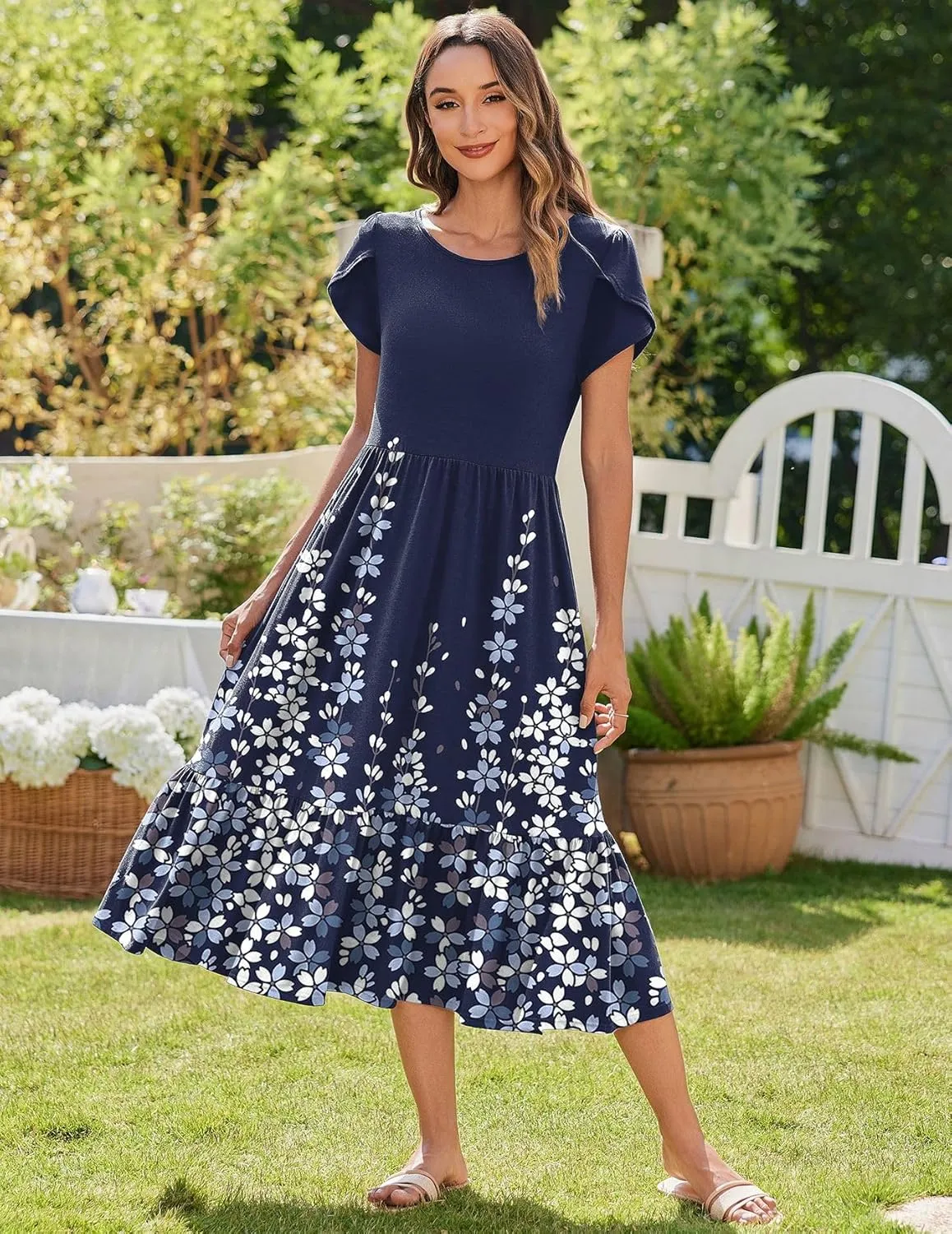 Zeagoo Women Summer Midi A Line Dress Short Sleeve Casual Flowy Tiered Beach Long Sundress with Pockets 2025 Vacation Travel