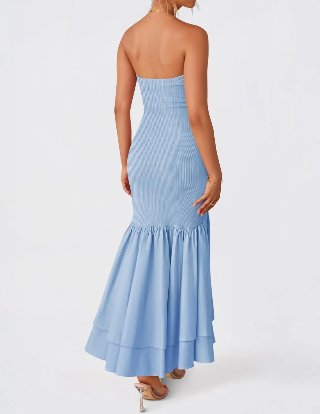 ZESICA Women's 2025 Summer Strapless Bodycon Maxi Dress Ribbed Sexy High Split Mermaid Prom Party Dresses