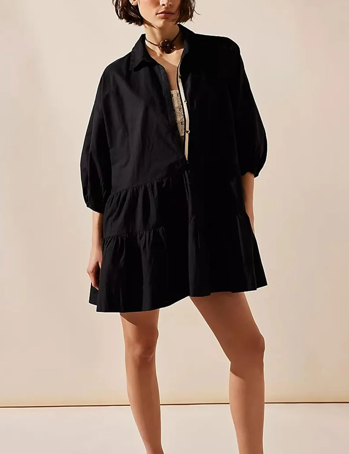 Zontroldy Women's Oversized Casual Collared Babydoll Mini Dresses Puff Sleeve A-line Tiered Shirt Tunic Dress